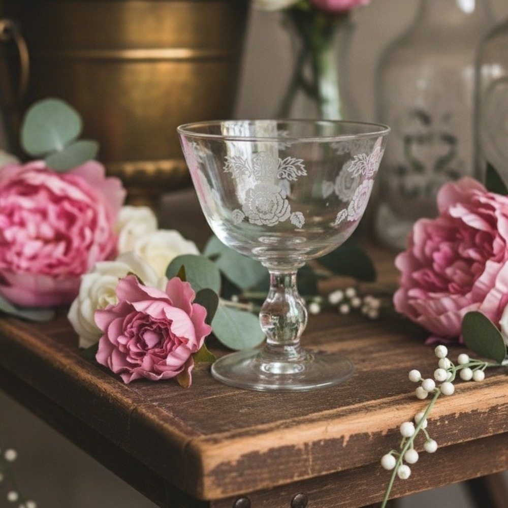 Etched Rose Sherbet Coupe, Vintage Floral Cocktail Glass, Clear Pressed Stemware